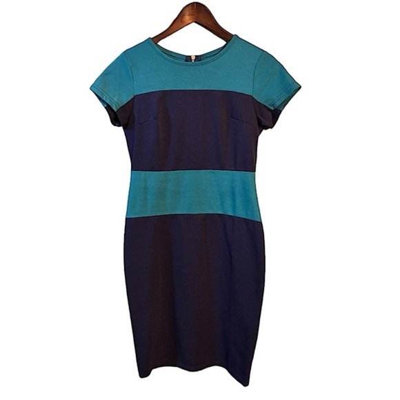 NEW Short Sleeve Navy Blue & Green Dress Size Large Round Neck Knee Length - Picture 1 of 7